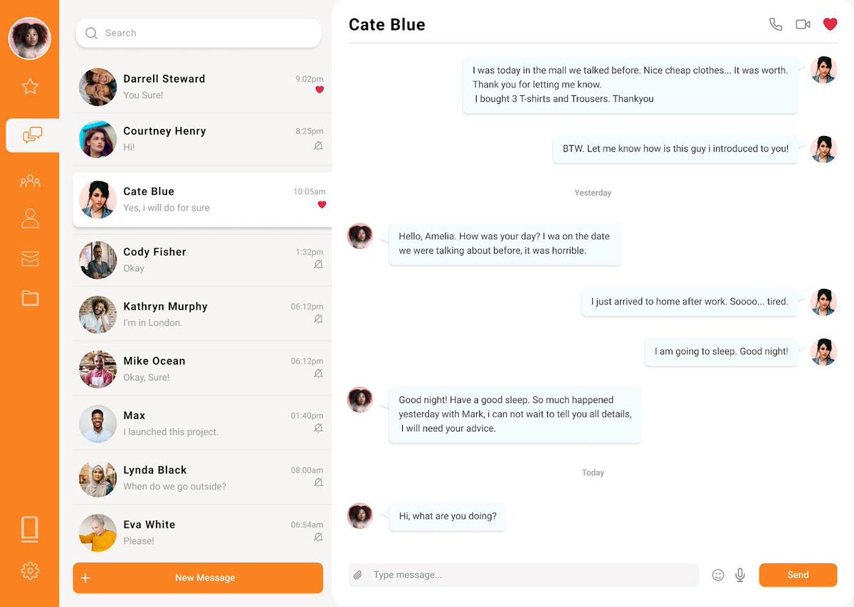 mycyber_space's tweet photo. Day 7/30 of the #UIChallenge with @ux_thrive 

Today’s design focused on Direct Messaging. I created a clean interface with a left sidebar for chats and a minimalist right panel for conversations.

#UIDesign #UXDesign #DesignChallenge #30DaysOfDesign https://t.co/REa3pqoyMD