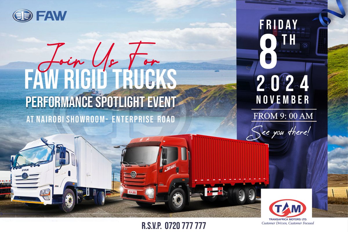 TAM_KENYA's tweet photo. Strength, Reliability, and Performance – Built for You! 🚚💼

Join us for the FAW Rigid Trucks Spotlight Event on November 8th in  Nairobi branch showroom and discover the competitive advantage of FAW trucks.

Call us on 0720 777  777
*t&amp;csapply
#FAW #FAWtrucks #fawrigidtrucks https://t.co/j5DCdDNrNy