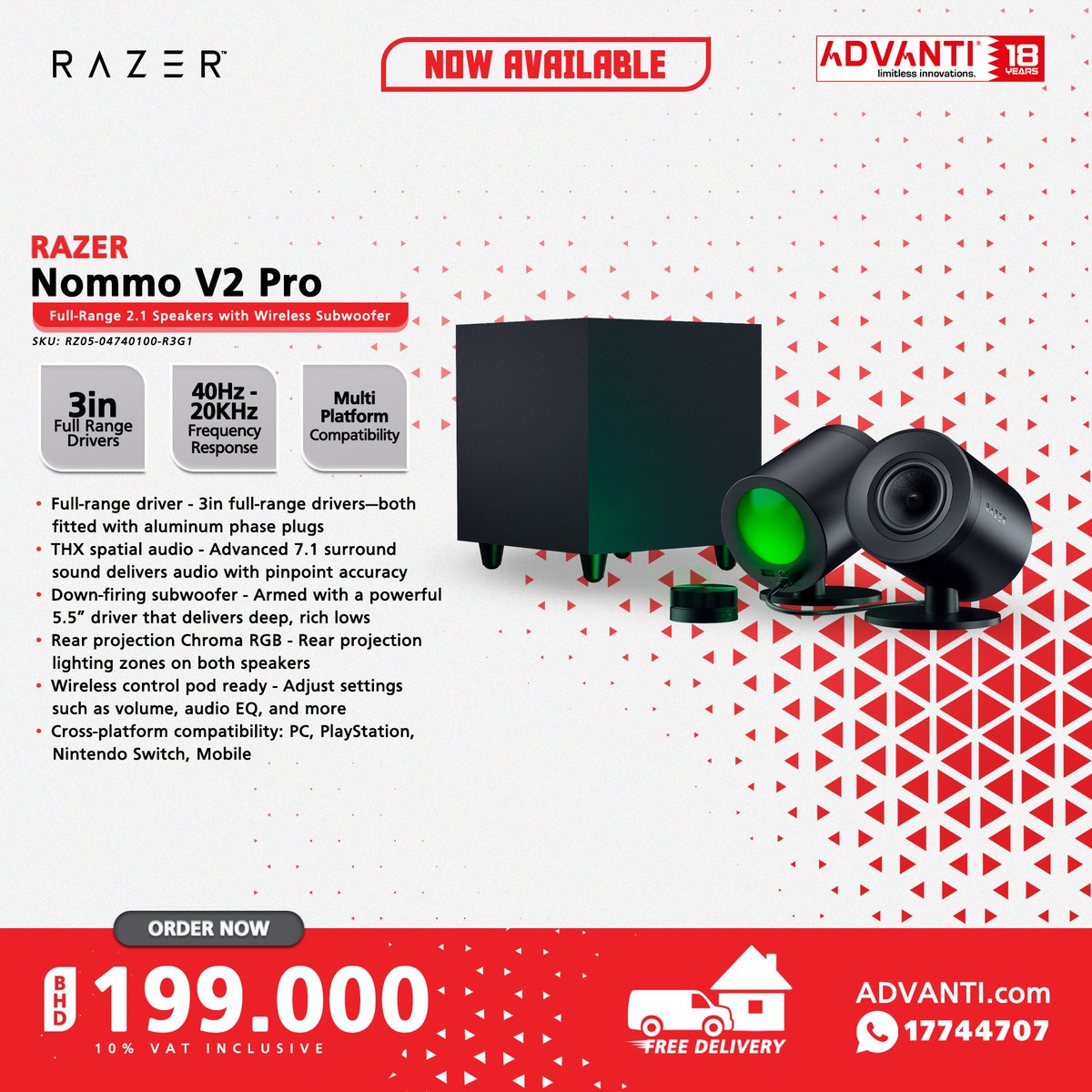 ADVANTIGroup's tweet photo. ◀Swipe Left for more!
🔽NOW AVAILABLE!🔽

🔴RAZER Nommo V2 RGB Gaming Speakers!🔴

📦 FREE DELIVERY! 🚚
▶10% VAT Inclusive

❤ Don’t forget to check us out on other platforms ❤
👉 Follow our TikTok, Facebook, & YouTube @advanti and IG @advantibahrain for more!

📲 Looking to build a PC? DM us or contact us through WhatsApp at 17744707! 🔥🔥
🖥 Check out our website! https://t.co/DppuZaKcgT 🌟

#ADVANTI #Razer #NommoV2 #RGB #Gaming #Speakers #TechDeals #Bahrain #Manama #Saar