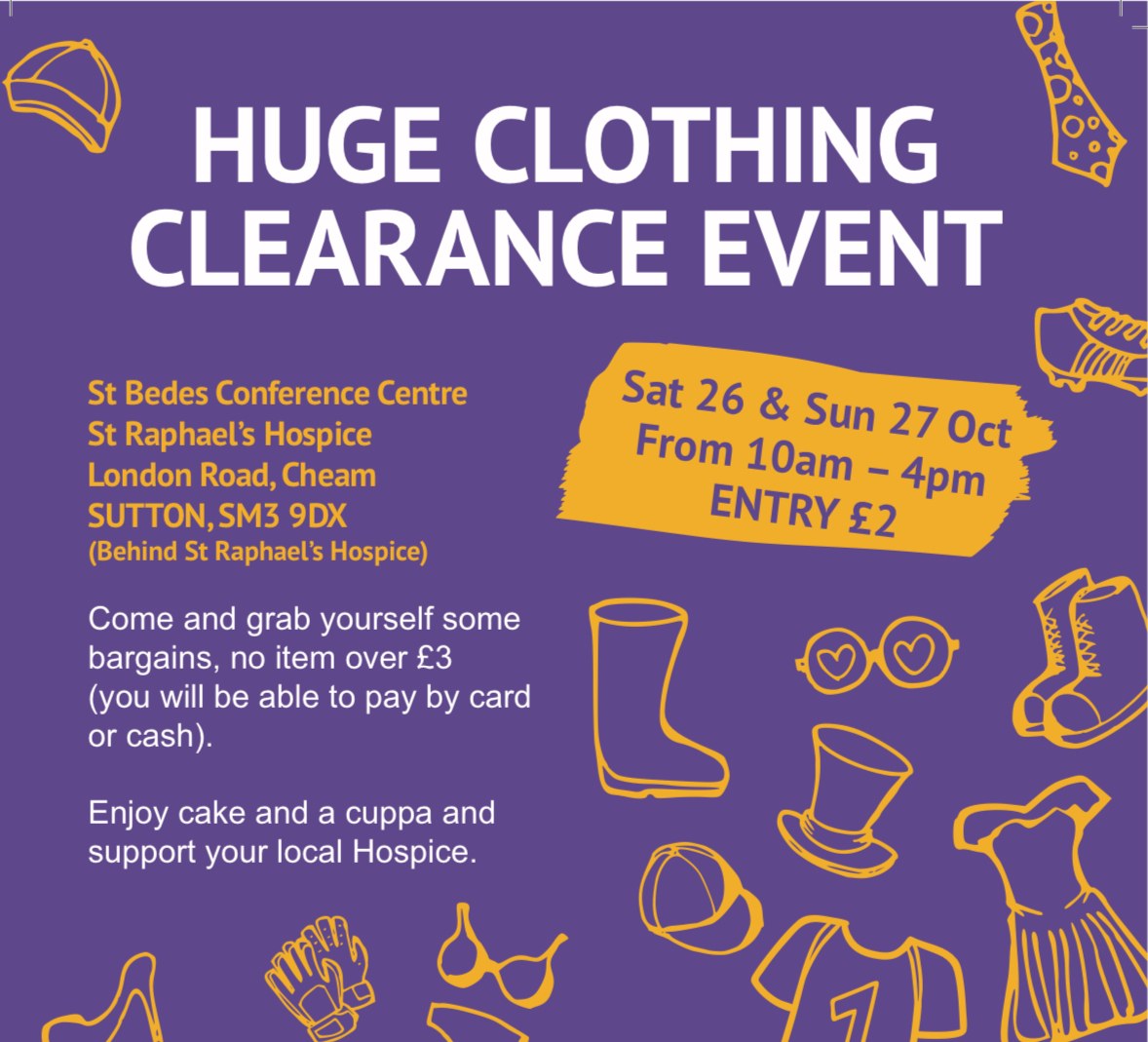St_Raphs's tweet photo. 🚨 There is only one week to go until our huge weekend clearance event.🚨

Come and grab yourself a bargain on Saturday 26 and Sunday 27 October, 10am to 4pm.

The sale will be held in our St Bede's Conference Centre, St Raphael's Hospice, London Road, Cheam, SM3 9DX https://t.co/sGgsu2eZi2