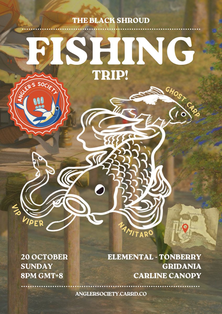 Another weekend, another fishing trip with Angler's Society!🎣

🗓️20 October (Sun), 8PM GMT+8
🌐Elemental - Tonberry
🗺️Gathering point: New Gridania - Carline Canopy

Let's go after one of the notorious ARR fish!✨Namitaro✨
anglersociety.carrd.co

#FFXIV #ElementalDC #Fishtrip