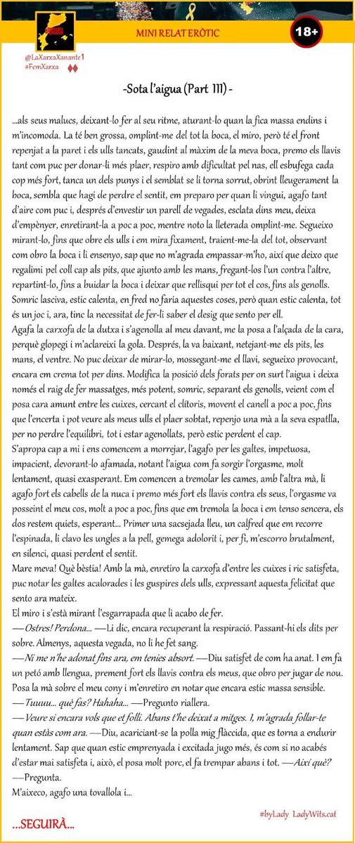Bon dia xarxers 

Sort que hi ha aigua, sinó la <a href="/LADY_WITS/">Lady Wits 🌹📚 Llibres, Relats, Poemes i Silencis.</a> hauria de reanimar als protagonistes! 😈

SOTA L'AIGUA (Part_III) 

Link: ladywitsadults.blogspot.com/2024/10/sota-l…

#MiniRelatEròtic #LadyRelat #byLady #FemXarxa #Konektadezagun #FemXarxaPV #YesScotland #RelatsEròtics #CatalàEròtic