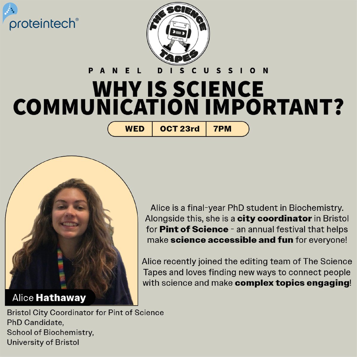 thesciencetapes's tweet photo. 📣 Introducing our 4th (&amp; final) panel guest! 📣

@AliceHathaaa is a founding member of the team &amp; City Coordinator for @pintofscience . She enjoys connecting people with science and making complex topics engaging!

Want to meet Alice? Come join us at our launch event 🥳 https://t.co/2ar4aBjDal