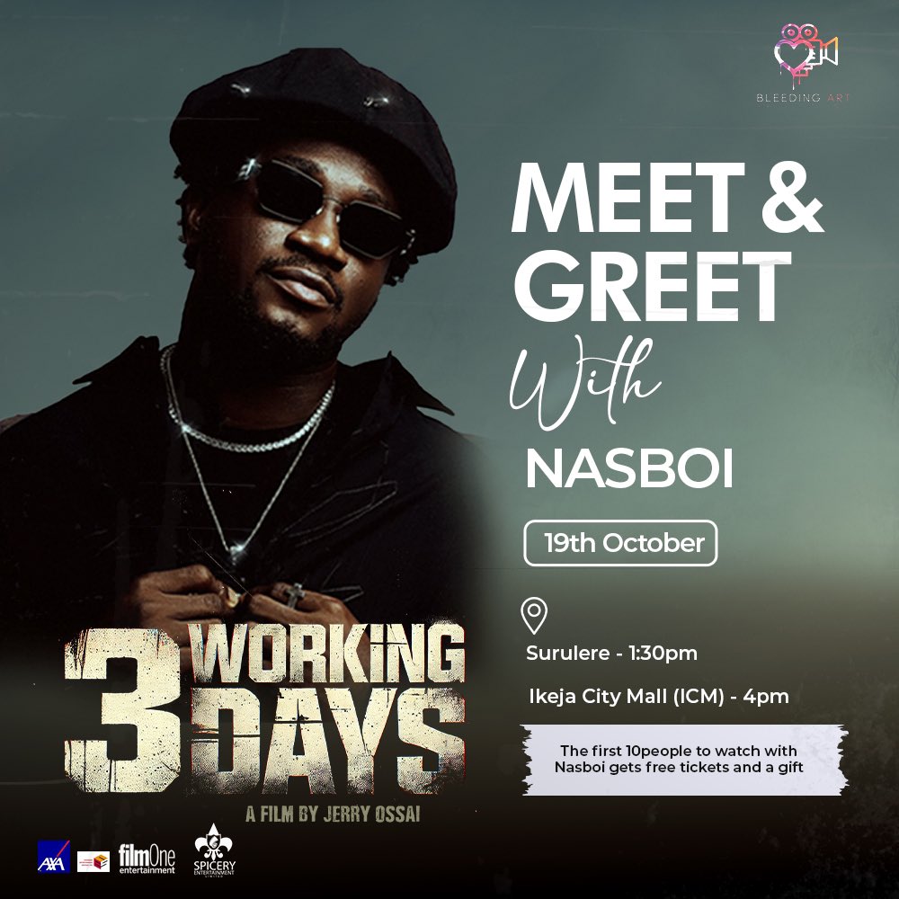 FilmOneng's tweet photo. WATCH #3WorkingDays with @deyemitheactor, @nancyisimeofficial, and @iamnasboi TODAY!

Surulere (1:30 pm) | Ikeja City Mall (4 pm) The first 10 attendees at EACH location will get FREE TICKETS & GIFTS!
Where will you be?!

#3WorkingDays is now showing in cinemas nationwide. Don't miss it!