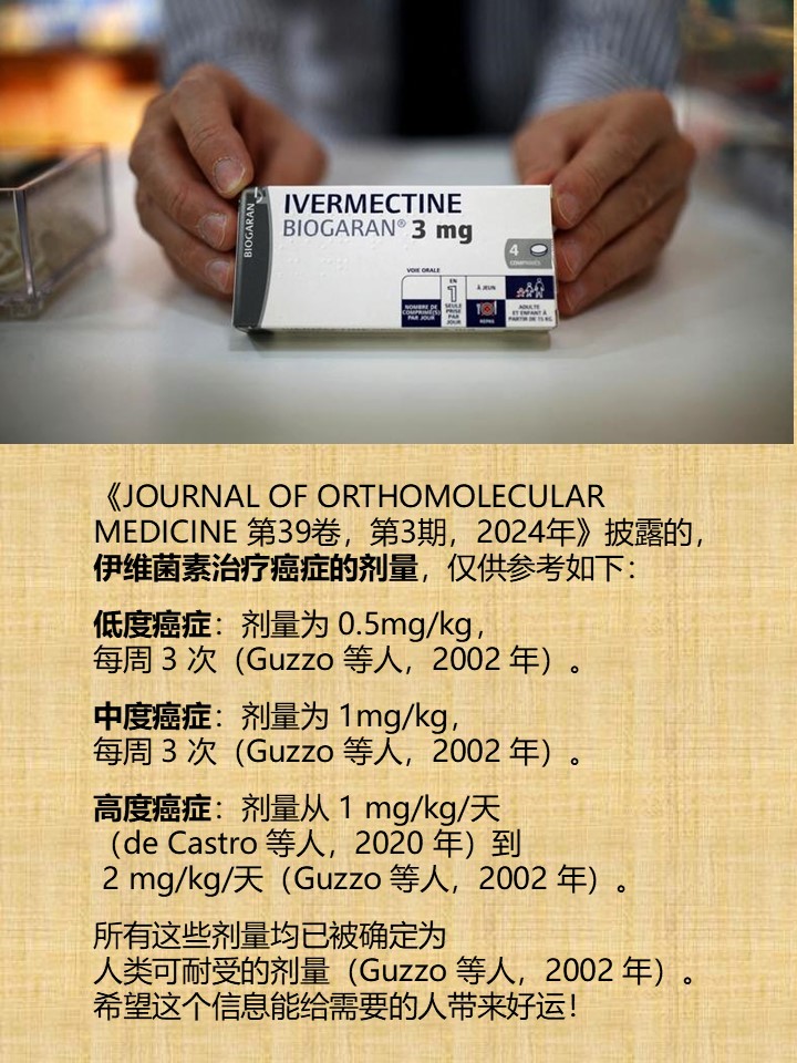 wuxiang2022's tweet photo. 《JOURNAL OF ORTHOMOLECULAR 
MEDICINE 第39卷，第3期，2024年》披露的，
伊维菌素治疗癌症的剂量，仅供参考如下：

低度癌症：剂量为 0.5mg/kg，
每周 3 次（Guzzo 等人，2002 年）。

中度癌症：剂量为 1mg/kg，
每周 3 次（Guzzo 等人，2002 年）。

高度癌症：剂量从 1 mg/kg/天
（de Castro 等人 https://t.co/cKpN4ZPP82