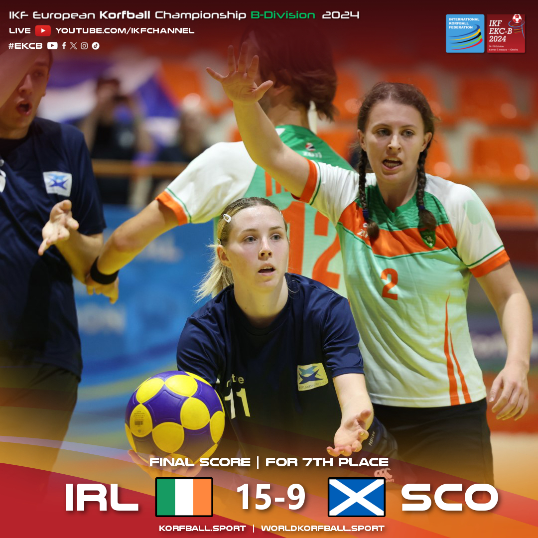 korfball's tweet image. #EKCB | Final Score: IRL 15-9 SCO | #For7thPlace #Day6
IRL ends in 7th place and SCO 8th.

🏆 IKF European #Korfball Championship B-Division 2024
🗓️ 14-19 Oct 📍 Kemer, TUR 🇹🇷
📺📈📰 Info, streams &amp;amp; results: korfball.sport/?p=40168
📷 Marco Spelten

#TheMixedGenderSport #korfbal