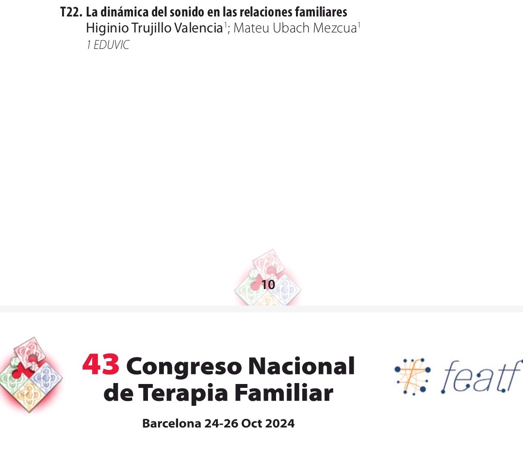 Contento de participar en el próximo 43 Congreso Nacional de Terapia Familiar. Junto a @valenciatrujilloh realizaremos un taller el sábado día 26 de octubre a las 9h en el que uniremos musicoterapia y terapia familiar.Os invitamos a descubrirlo juntos.
congresos.featf.org