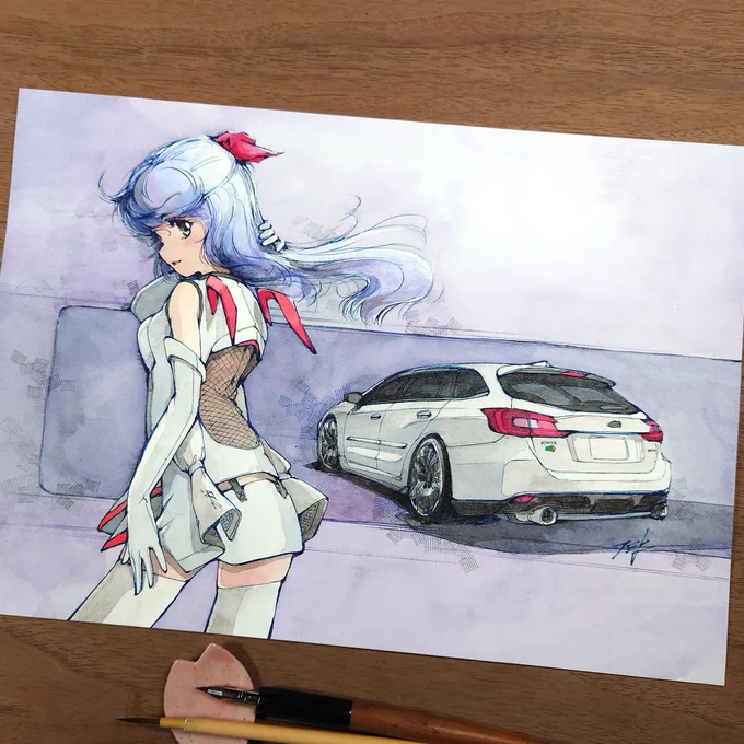 ご依頼で、レヴォーグ VM STI とその #車擬人化(後ろ姿)、描かせていただきました。ありがとうございました! 以前、同じ車両の擬人化を依頼いただいていて、今回は後ろ姿のリクエストです。