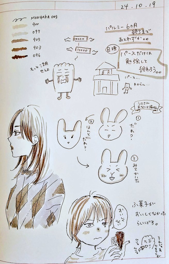 今日うささん @usa_manga と通話しながら&amp;終わったあとに描いてた落書きと目標。ひとさまの自画像キャラをこんなに間違えることあるだろうか… 