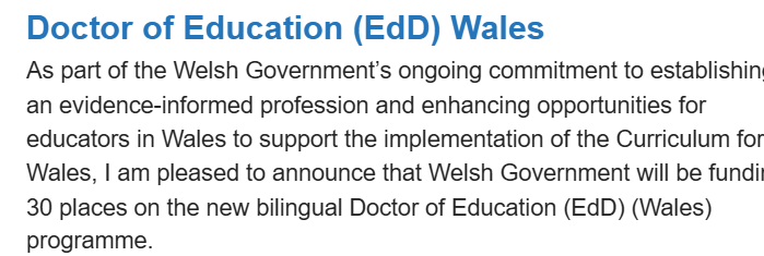AlmaHarris1's tweet photo. Thanks @WG_Education for the National Masters (Wales) & now a National EdD (Wales). Investing in education professionals, investing in the system. @MichelleSJones1 @JlongvilleJulia @OECDEduSkills @UofGlasgow @ASCLCymru @NAELCymru @NAELCymru @GHCDon @pasi_sahlberg https://t.co/P2APGaABR3