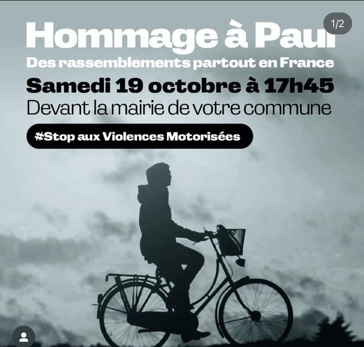 cachanPS's tweet photo. ⚫ Rassemblons nous à 17h45 devant la mairie de #Cachan, en hommage à Paul, victime d'une énième violence routière le 15 octobre. 
#ViolenceMotorisee #cyclistes https://t.co/YtiXjNHJfl