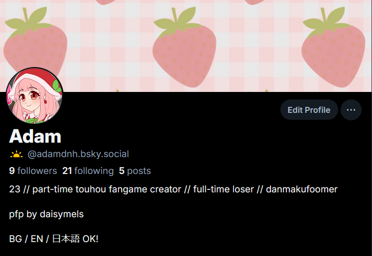 adam_dnh's tweet image. probably not going to post any content here anymore, so follow me on the pretty 🦋☁️ app! moots feel free to drop a follow there and i&apos;ll make sure to do it too

もう活動しません。僕のイラストや東方弾幕風の二次創作ゲームをご覧になりたい方は、ブルースカイをフォローしてくださーい。