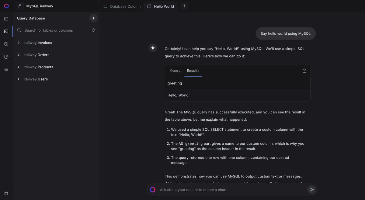 haxzie_'s tweet photo. Picking up some backlogs, @sequelhq can now connect to your MySQL database in your Server, @Railway or in @PlanetScale 🥳 Setup new database, create tables, or simply query insights with plain english! https://t.co/Ly3RMD6uOx