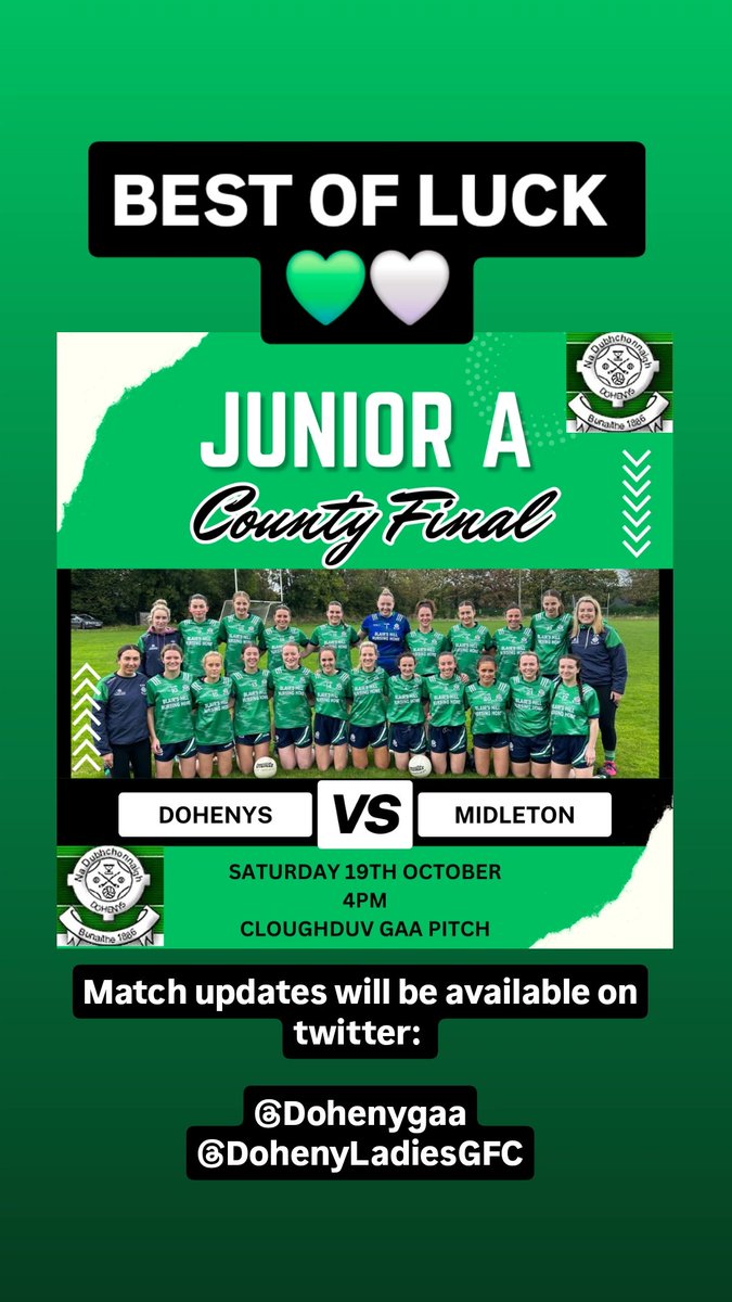 DohenyLadiesGFC's tweet photo. Best of Luck to the Junior A Ladies in the County Final today 💪 Updates of the game will be available here  @DohenyLadiesGFC &amp; @dohenygaa 💚🤍 https://t.co/ERBKANRaRR