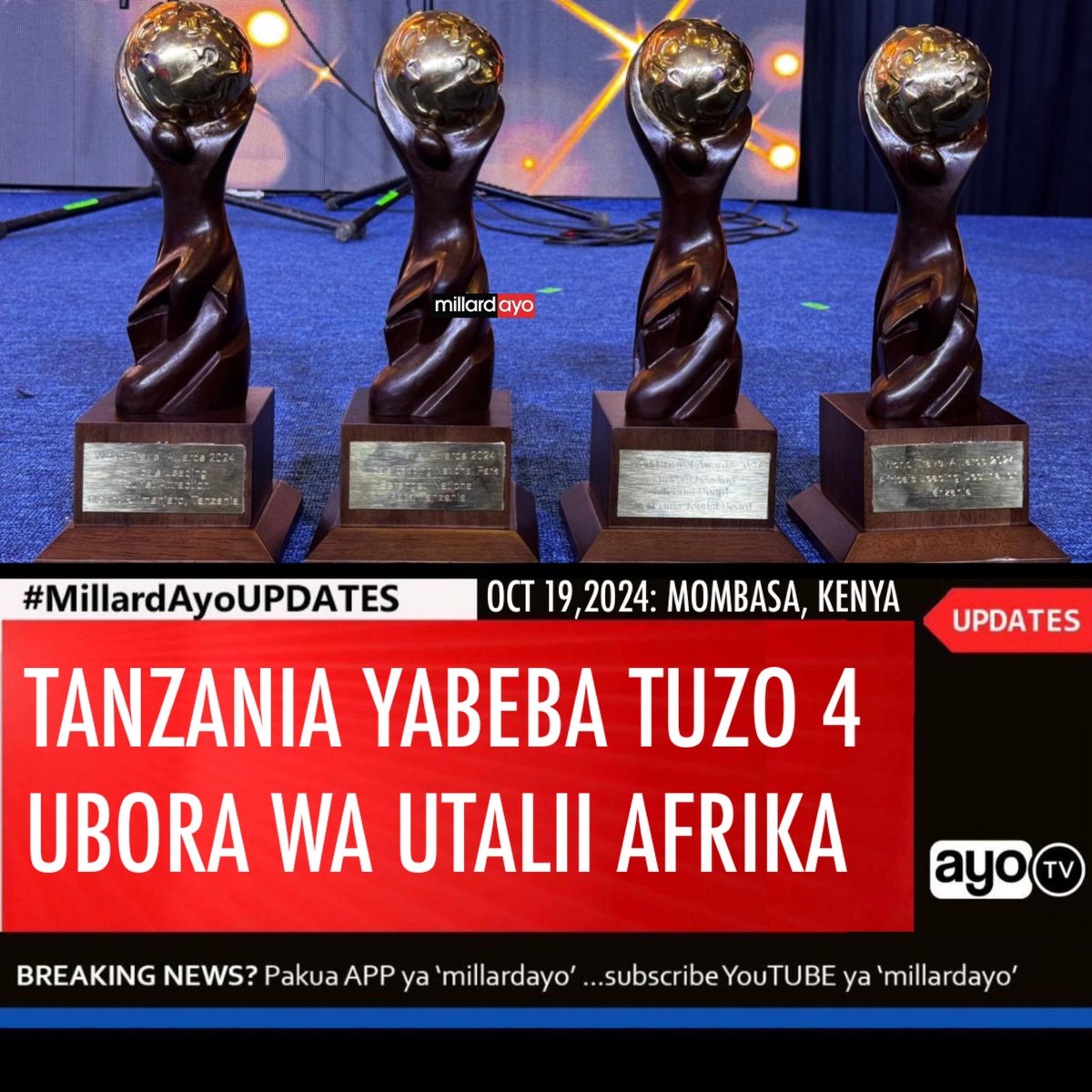 millardayo's tweet photo. Kwa mara nyingine tena, Tanzania imeibuka Mshindi kwa kujinyakulia tuzo nne katika Tuzo za Utalii zinazotolewa na World Travel Awards ya Nchini Marekani.

Tuzo hizo ni pamoja na Eneo Bora la Utalii Afrika (Tanzania), Bodi Bora ya Utalii Afrika (TTB), Hifadhi Bora ya Afrika (Serengeti), na Kivutio Bora cha Utalii Afrika (Mlima Kilimanjaro).

Tuzo hizi zimetolewa katika hafla iliyofanyika usiku wa kuamkia leo October 19, 2024, Mjini Mombasa, Kenya, na kupokelewa na Viongozi wa Wizara ya Utalii, TTB, na TANAPA, wakiongozwa na Naibu Katibu Mkuu wa Wizara ya Utalii  Nkoba Mabula, Mjumbe wa Bodi ya TANAPA CPA Hadija Mohamed, Mkurugenzi wa Bodi ya Utalii, Ephraim Mafuru, Mkuu wa Kanda ya Kaskazini, Betrita Lyimo na Mkuu wa Hifadhi ya Serengeti, Stephano Msumi.

Ushindi huu unaifanya Serengeti kuendelea kuwa Hifadhi Bora ya Afrika kwa miaka sita mfululizo (2019, 2020, 2021, 2022, 2023, na 2024), pia Bodi ya Utalii Tanzania imekuwa Bora Afrika kwa miaka mitatu mfululizo (2022, 2023, na 2024) ambapo Nkoba amesema ushindi umechagizwa na sera za Rais Dkt. Samia kuvutia Watalii na kukuza utalii kwa ujumla kupitia Royal Tour.

Tuzo za World Travel zilianzishwa mwaka 1993 kwa lengo la kutambua, kutunza, na kusherehekea ubora katika sekta zote muhimu, ikiwemo usafiri, utalii, na ukarimu, leo hii World Travel Awards inatambulika Kimataifa kama alama ya ubora katika tasnia mbalimbali.
#MillardAyoUPDATES