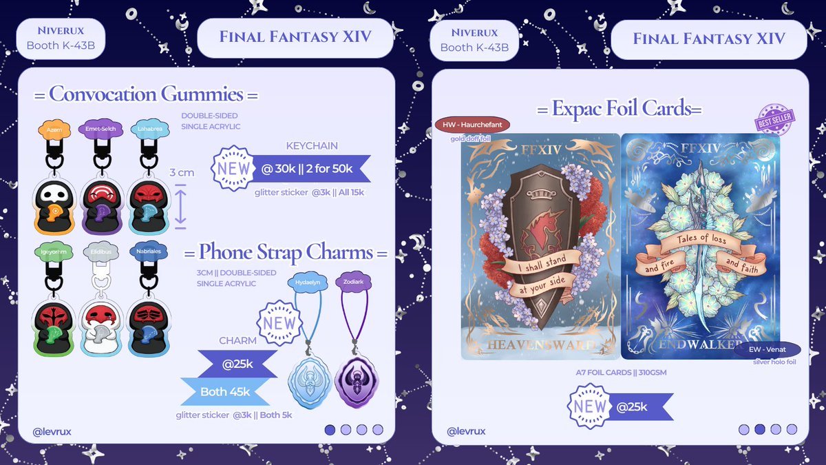 levrux's tweet image. [❤&amp;amp;🔁 appreciated!]
#CF19 full catalogue + ots booking (limited)

📅 Bookings close on Nov. 5th
📍 Niverux Circle K-43B (both days)
📨 DM to book (no min. purchase)

Fandoms : FFXIV, Genshin, HSR, JJK, WuWa, LnD

#Comifuro19 #Comifuro19catalogue
