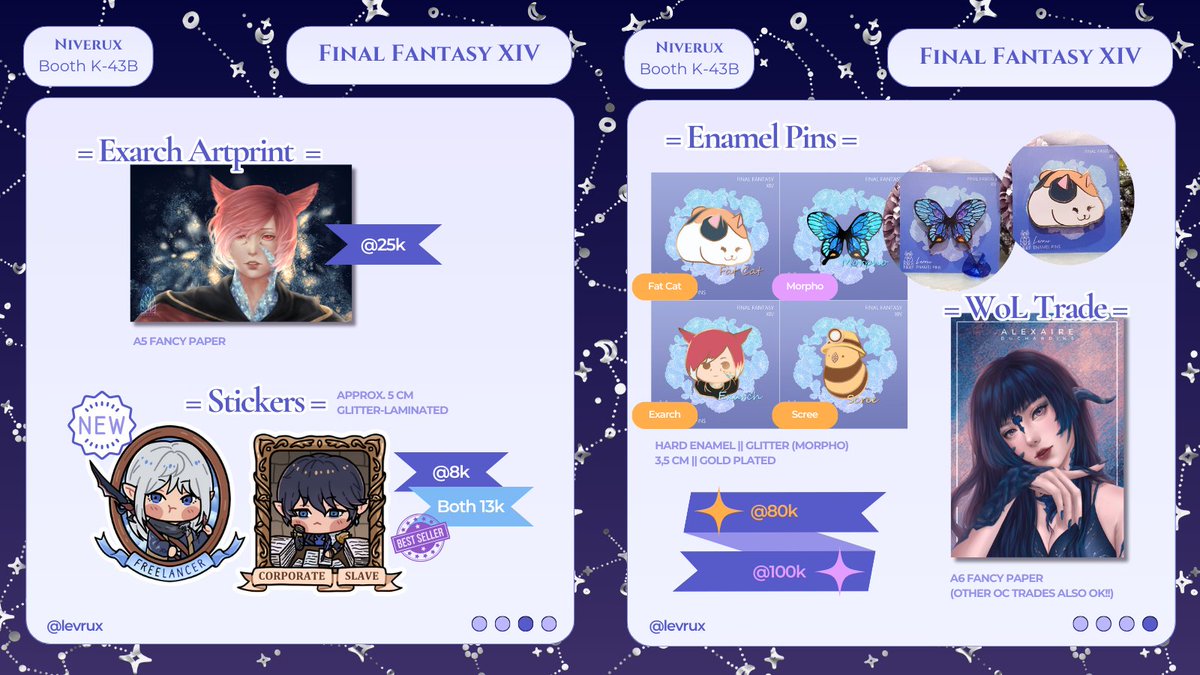 levrux's tweet image. [❤&amp;amp;🔁 appreciated!]
#CF19 full catalogue + ots booking (limited)

📅 Bookings close on Nov. 5th
📍 Niverux Circle K-43B (both days)
📨 DM to book (no min. purchase)

Fandoms : FFXIV, Genshin, HSR, JJK, WuWa, LnD

#Comifuro19 #Comifuro19catalogue