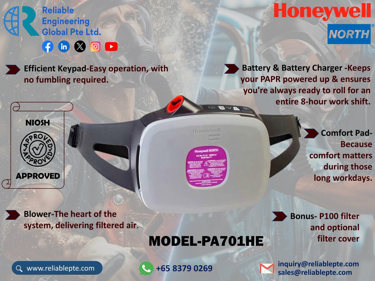 Reliable_Pte's tweet image. Honeywell North Primair 700 (PA700) Series is a highly configurable Powered Air Purifying Respirator (PAPR). It’s designed to be ergonomic &amp;amp; easy to use, providing protection against both particulate &amp;amp; gas contaminants

Contact @Reliable_Pte for inquiry
#reliableengineering #PAPR