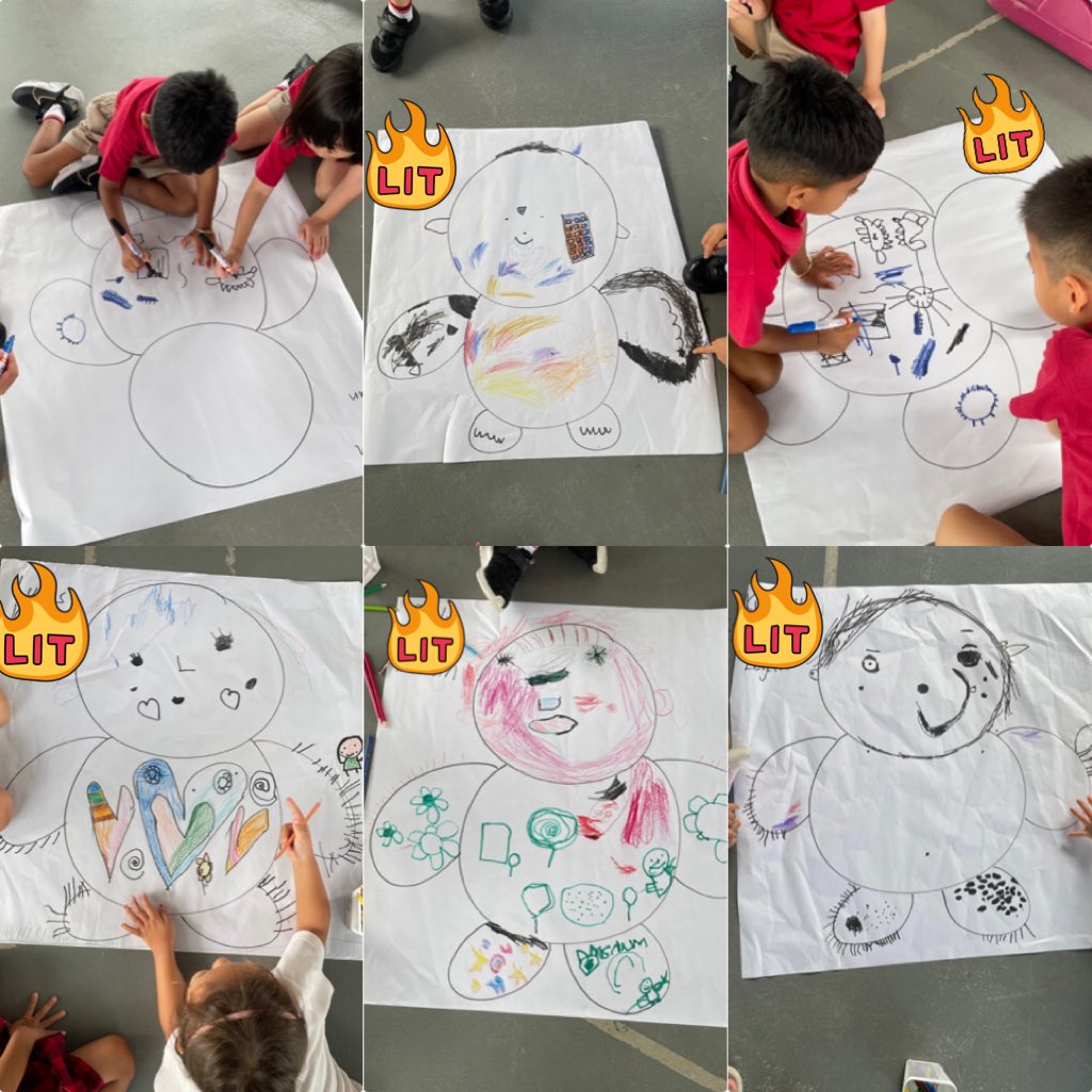 esthersspw's tweet image. We&apos;re drawing our body parts and working together to cut, paste, and label them! It’s a great way to learn vocabulary while collaborating as a team. #Teamwork #Learning #his_learning @HISPriMandarin