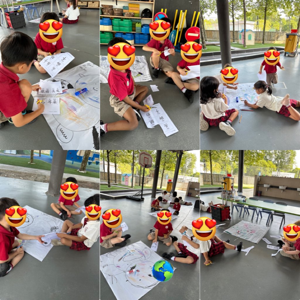 esthersspw's tweet image. We&apos;re drawing our body parts and working together to cut, paste, and label them! It’s a great way to learn vocabulary while collaborating as a team. #Teamwork #Learning #his_learning @HISPriMandarin