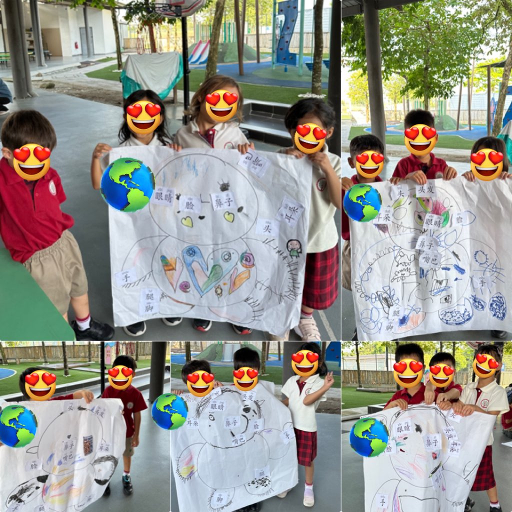esthersspw's tweet image. We&apos;re drawing our body parts and working together to cut, paste, and label them! It’s a great way to learn vocabulary while collaborating as a team. #Teamwork #Learning #his_learning @HISPriMandarin