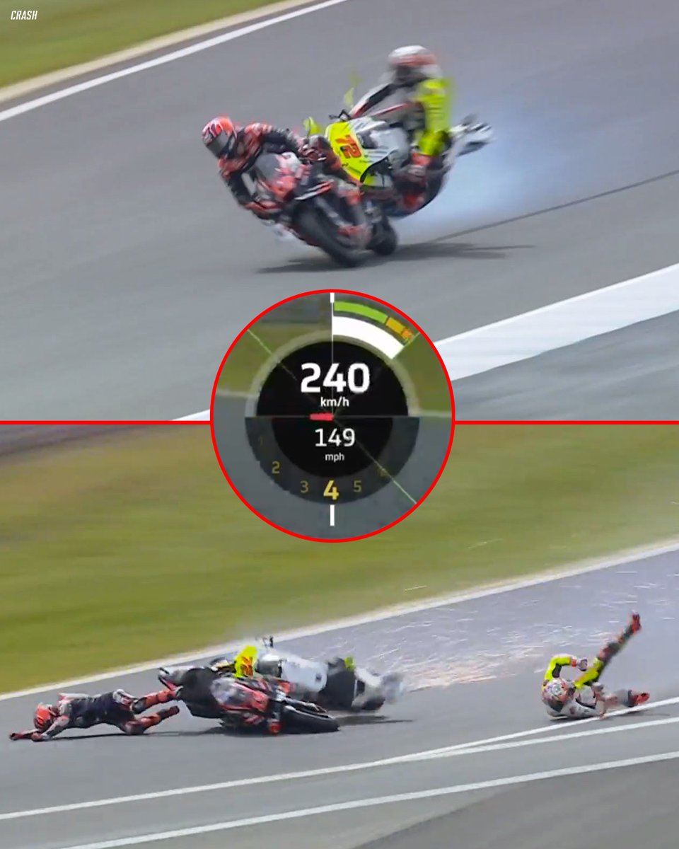 crash_motogp's tweet photo. Thankfully, Maverick Vinales &amp; Marco Bezzecchi are ok 🙏 Colliding at nearly 150 mph (240 km/h) 😳

#MotoGP #AustralianGP https://t.co/nT80aX7eBe