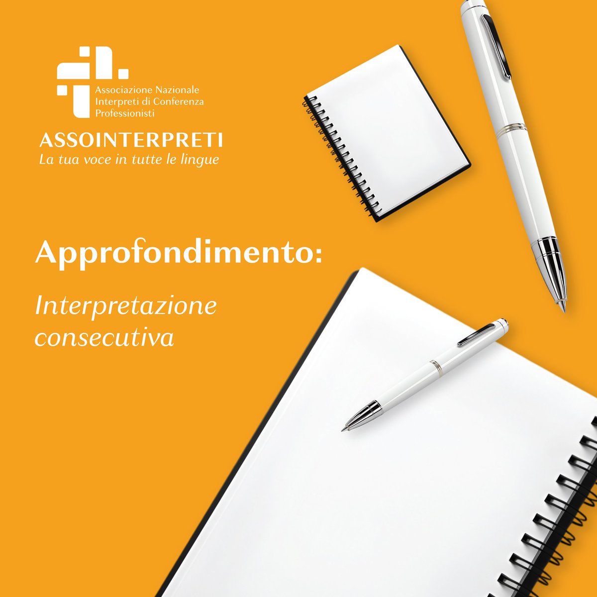 Assointerpreti's tweet photo. Interpretazione consecutiva: l’interprete ascolta, prende appunti e restituisce il messaggio con la stessa intensità. Perfetta per riunioni, eventi, conferenze e interviste. Assointerpreti: professionisti esperti per garantirti una comunicazione naturale. https://t.co/xWaBqIV09b