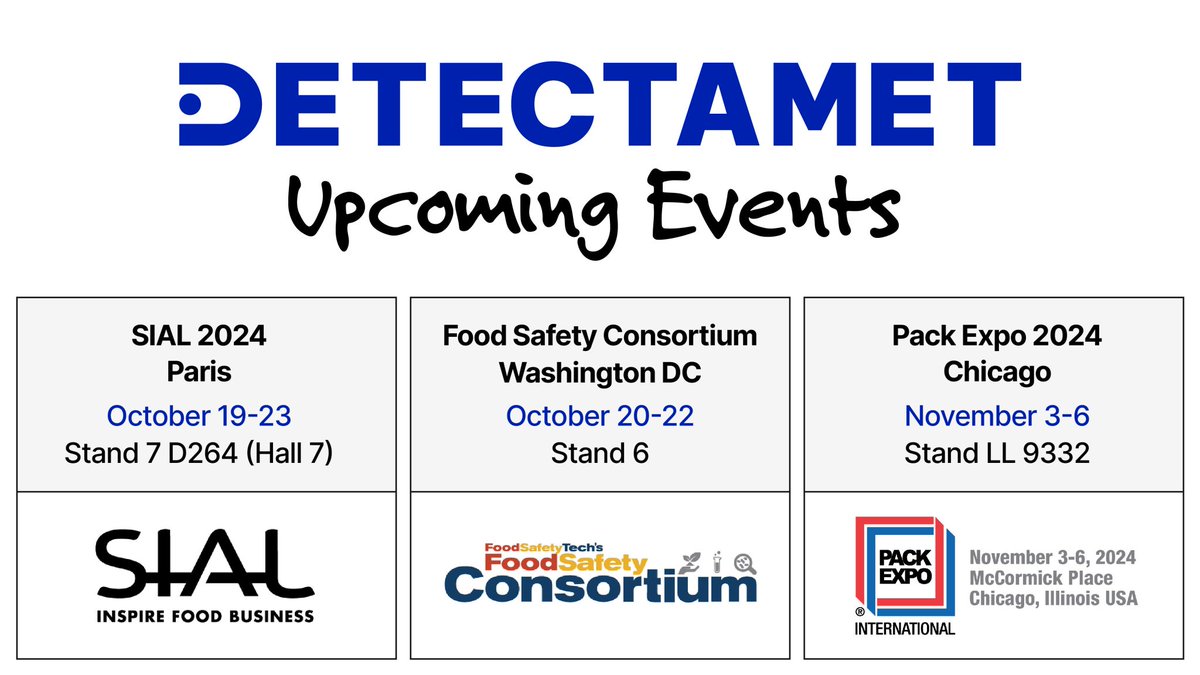 Detectamet's tweet image. Starting today at #SialParis, Detectamet is attending some of the biggest #events in the #foodsafety calendar this year.

Click here for full event details: bit.ly/3ZYtunM

#Detectamet #Food #SialParis @sial_paris #PackExpo @packexposhow @FoodSafetyTech