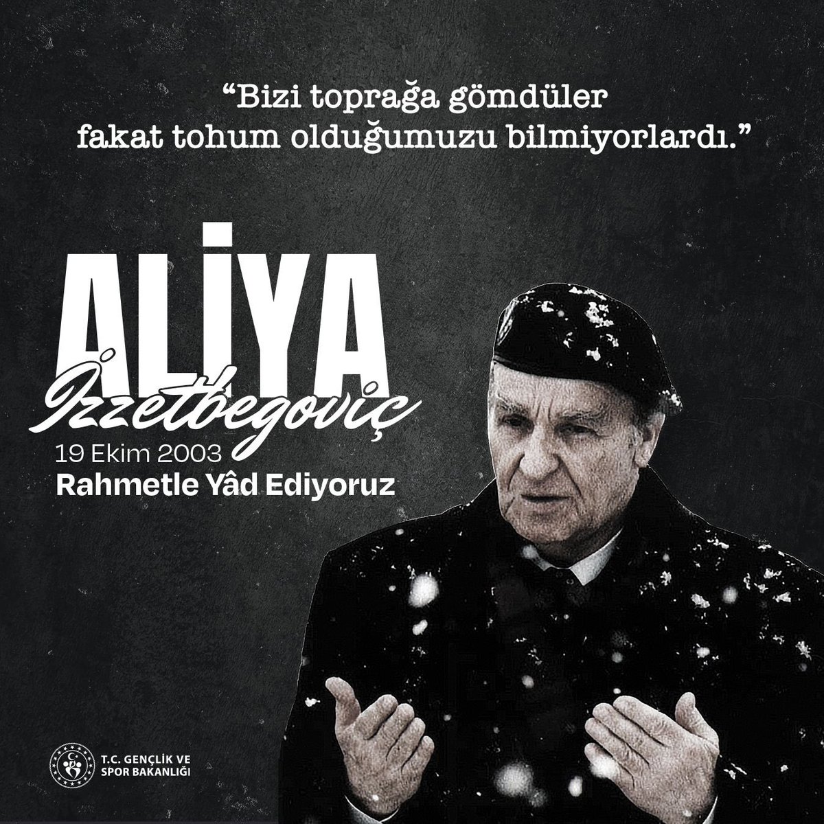 Adalet ve hürriyet için verdiği onurlu mücadeleye bir ömür adayan, zulme karşı daima dimdik duran Bosna Hersek'in cesur ve bilge lideri Aliya İzzetbegoviç'i vefatının 21. yıl dönümünde saygı ve rahmetle anıyoruz.