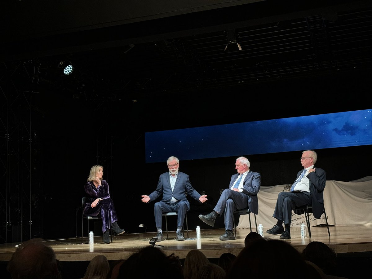 Jimifay's tweet photo. Agreement by @OwenMcCafferty2 fri night. Three of the principal architects of the GFA/BA  Bertie Ahern, Gerry Adams and Reg Empey hosted by Claire Byrne reflected &amp; discussed events in the light of this theatrical performance. @LyricBelfast @GateTheatreDub @ieBritish twas amazing https://t.co/7EkGDuvdE5