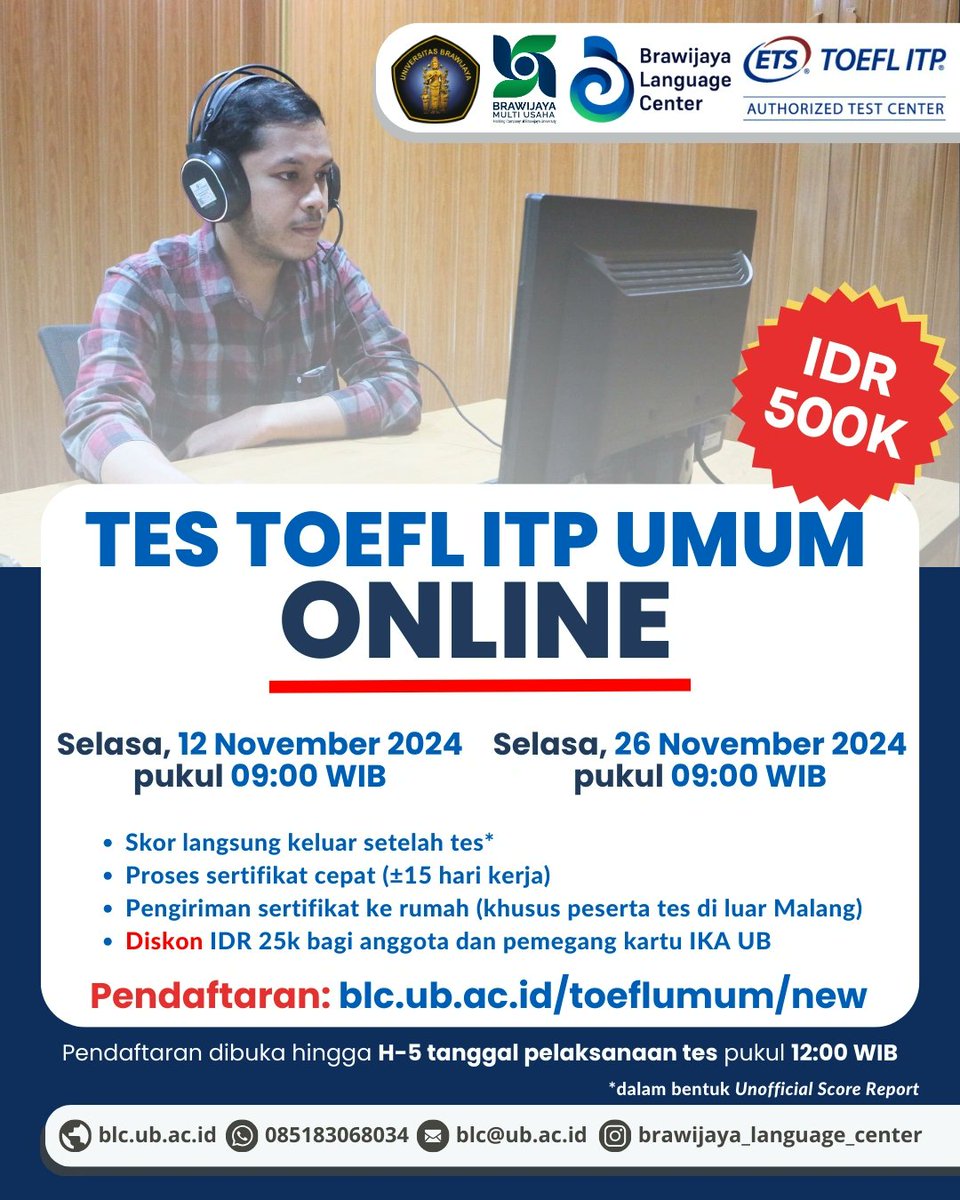 Hai, Kak!

Berikut jadwal tes TOEFL ITP Umum di bulan November 2024
Langsung daftar di blc.ub.ac.id/toeflumum/new 😉👍

<a href="/infoUB/">IG - LINE : infoub</a> <a href="/UB_Official/">Universitas Brawijaya</a> 
#toeflitp #toeflitponline #brawijayalanguagecenter