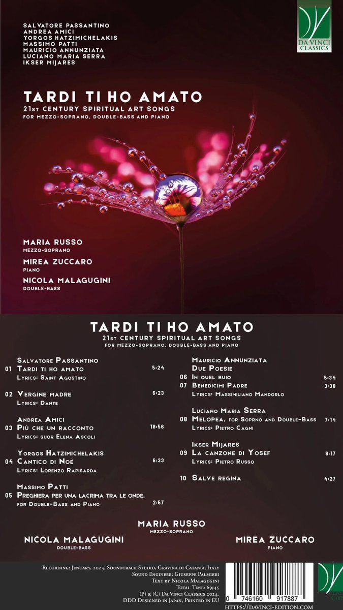 LucianoMSerra's tweet photo. Nuova uscita discografica. La mia melopea per mezzosoprano e contrabbasso, eseguita da Maria Russo e Nicola Malagugini, contenuta in questo splendido cd edito da Da Vinci, Osaka. Presto disponibile anche sulle piattaforme digitali. https://t.co/nuWDYu58xN
