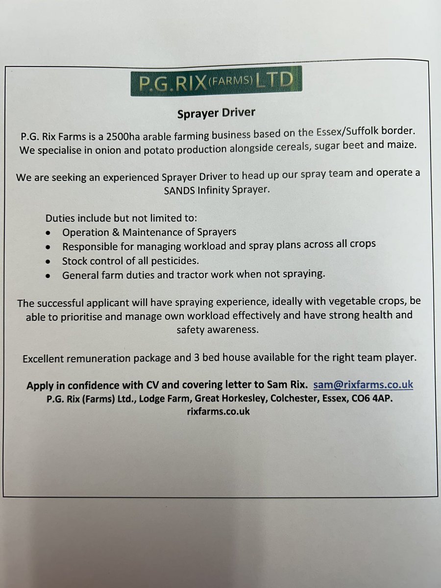 Advertising for the right person to head up our Spray Team. Please share.