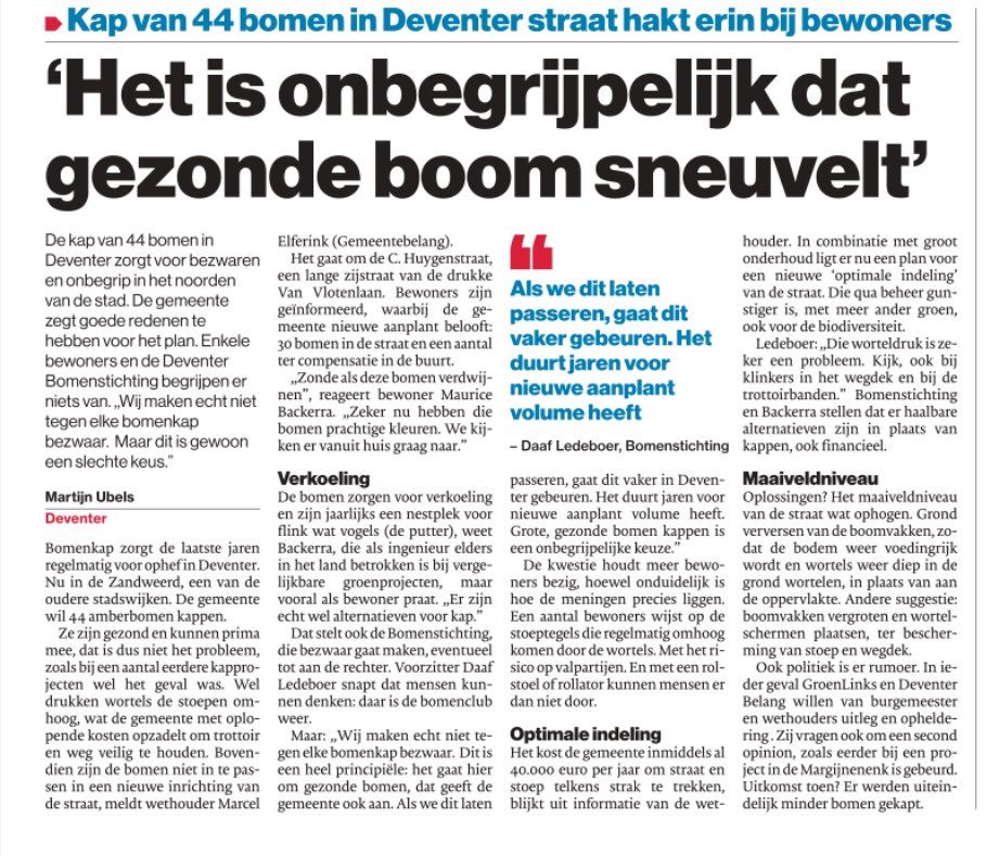 Anno 2024 is het onverantwoord om gezonde bomen te kappen als er ook alternatieven zijn. Niet gelijk de makkelijkste weg kiezen maar bredere afweging maken #klimaatadaptatie #hittestress #biodiversiteit #deventer #stadsnatuur <a href="/Bertaverlo/">Bert Kleine Schaars</a>