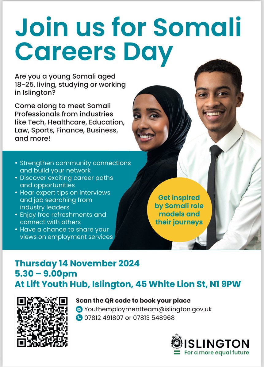 Good opportunity for Somali young people in Islington 
Somali Careers Day
Are you a young Somali aged 18-25, living, studying or working in Islington?
Come along to meet Somali Professionals from industries like Tech, Healthcare, Education, Law, Sports, Finance, Business and mor