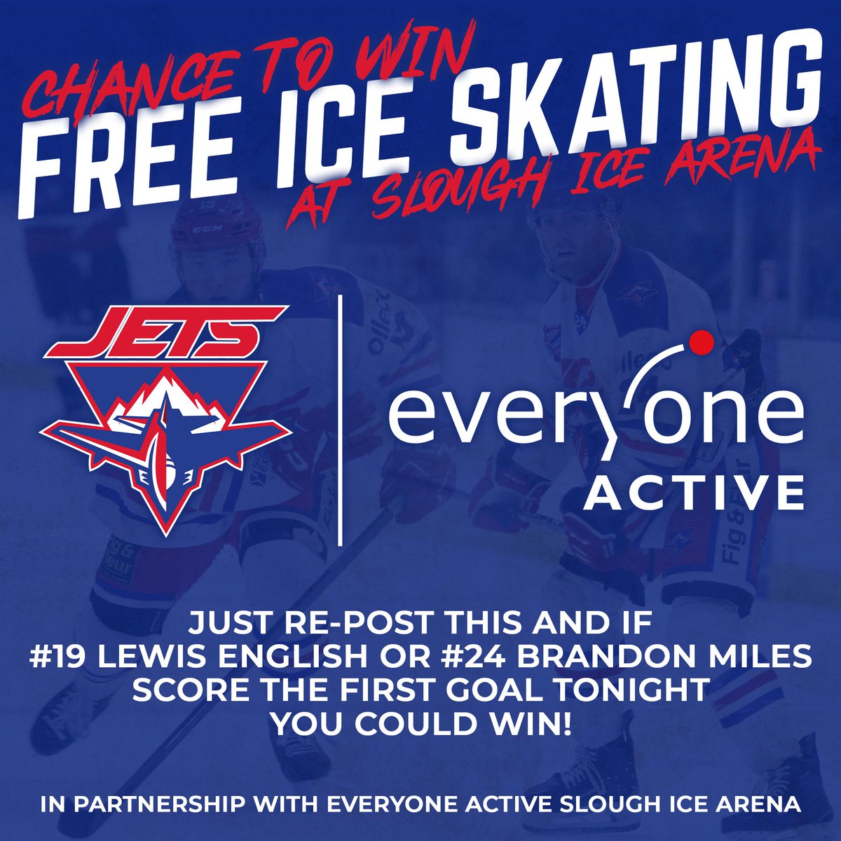 jethockey's tweet photo. We've teamed up with Everyone Active and we're giving you a chance to win a family ice skating ticket! ⛸️

Just re-post this and if #19 Lewis English or #24 Brandon Miles score the first goal tonight you could win! https://t.co/42zFXqWEw6
