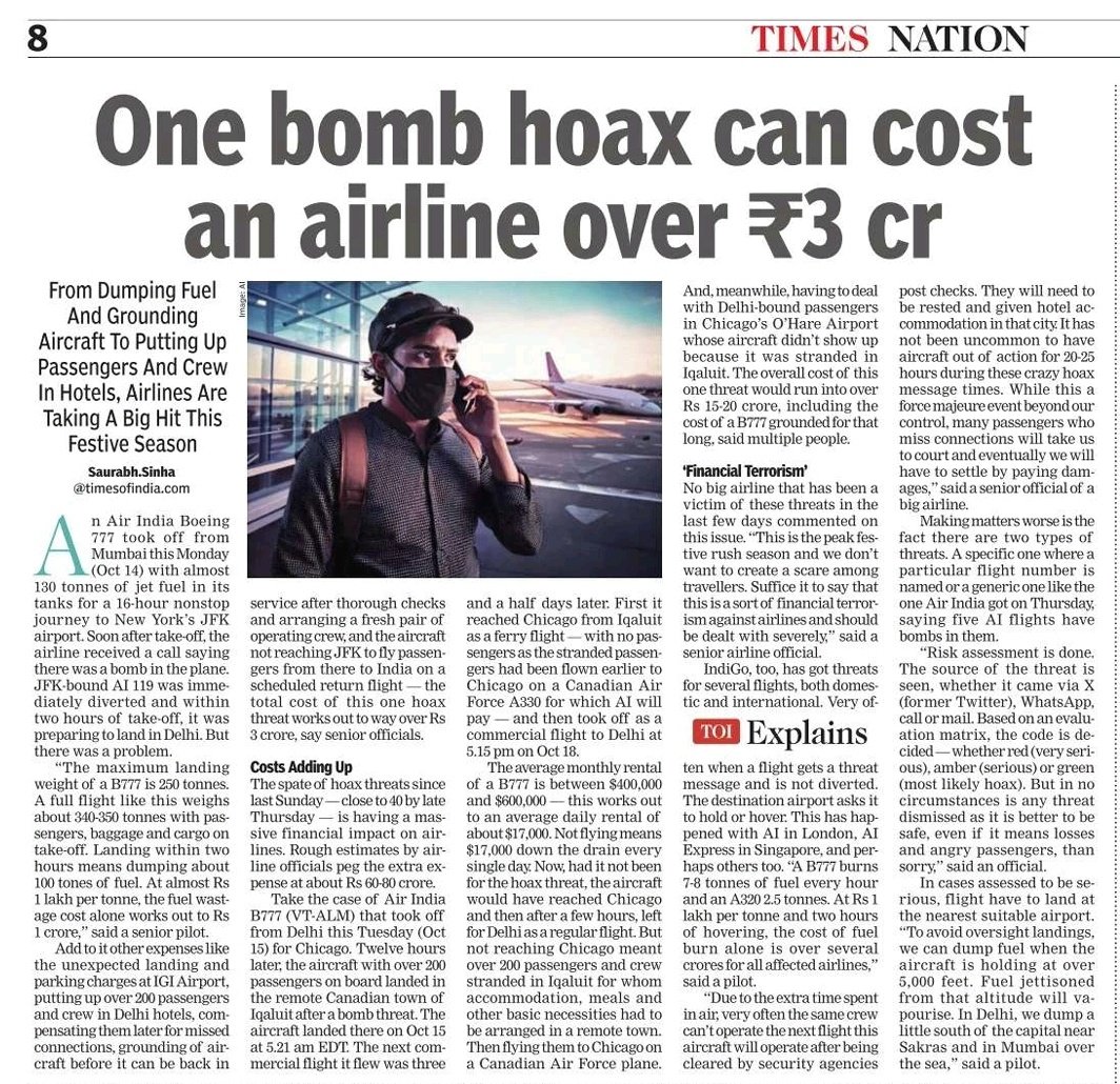 girishjohar's tweet image. This not only raises a security alarm, it also terrifies &amp;amp; a costly affair too. This menace must be dealt with strictly ! #Airline #BombHoax #TOI #PictureTalks