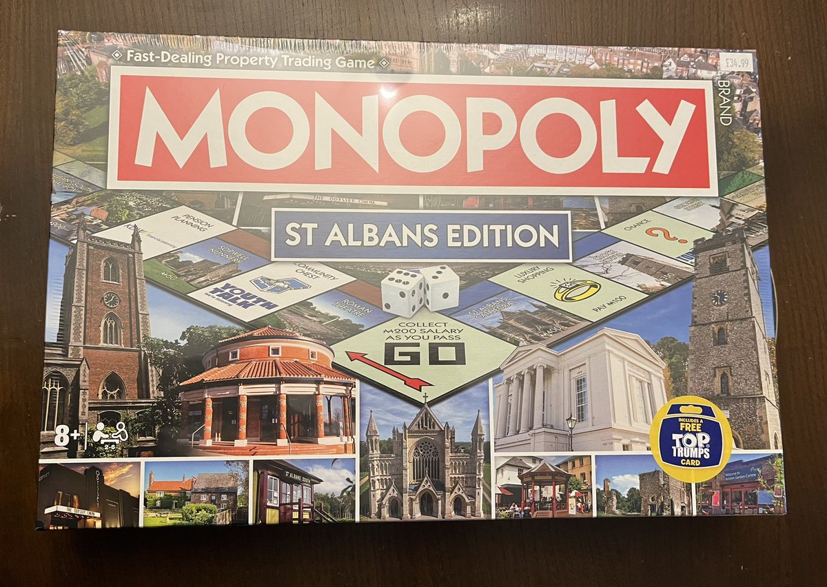 biggerdeffer's tweet photo. Got the #StAlbans edition of #Monopoly  
Now I only need to find 5 friends ages 8 and up with 75 hours to kill https://t.co/S1CYbhtRZU