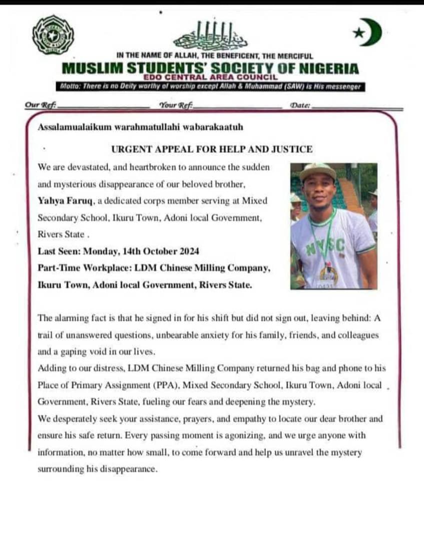 Bintulnuurah's tweet photo. Public Announcement: Missing Person Alert

We are seeking assistance in locating Yahya Faruk, a National Youth Service Corps (NYSC) member serving in Rivers State. Yahya was last seen on October 14 at LDM Chinese Milling Company and has not been heard from since.

#Helpfindfaruq https://t.co/0cCZkvor7O