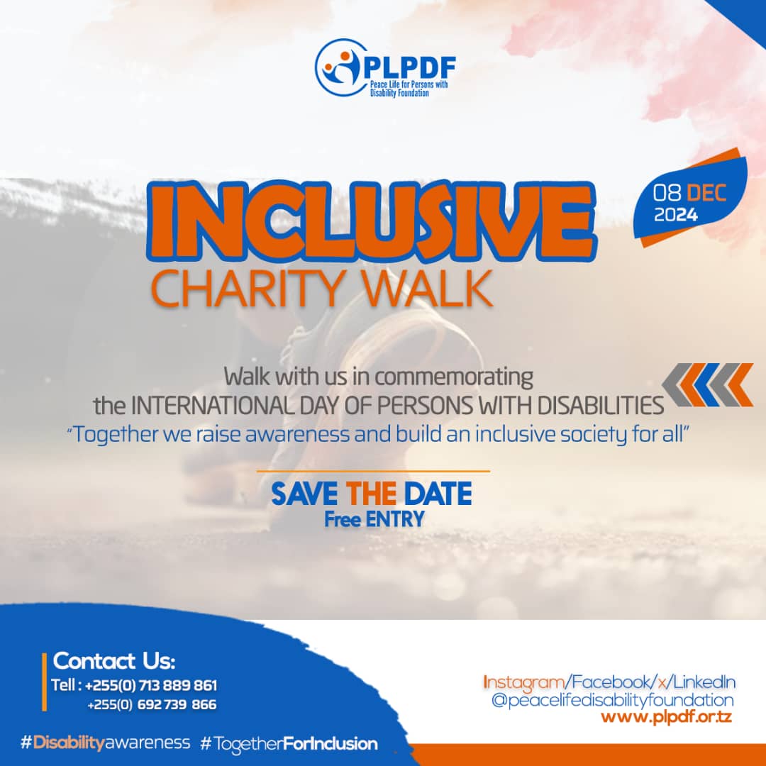 Walk with us in commemorating the International Day of Persons with Disabilities. December 2024
Save the date 
08.12.2024 
Dar Es salaam  farasi grounds Oysterbay.
Don't Miss
Free Entry 
#TogetherForInclusion #NIYETUSOTE #Disabilityawareness