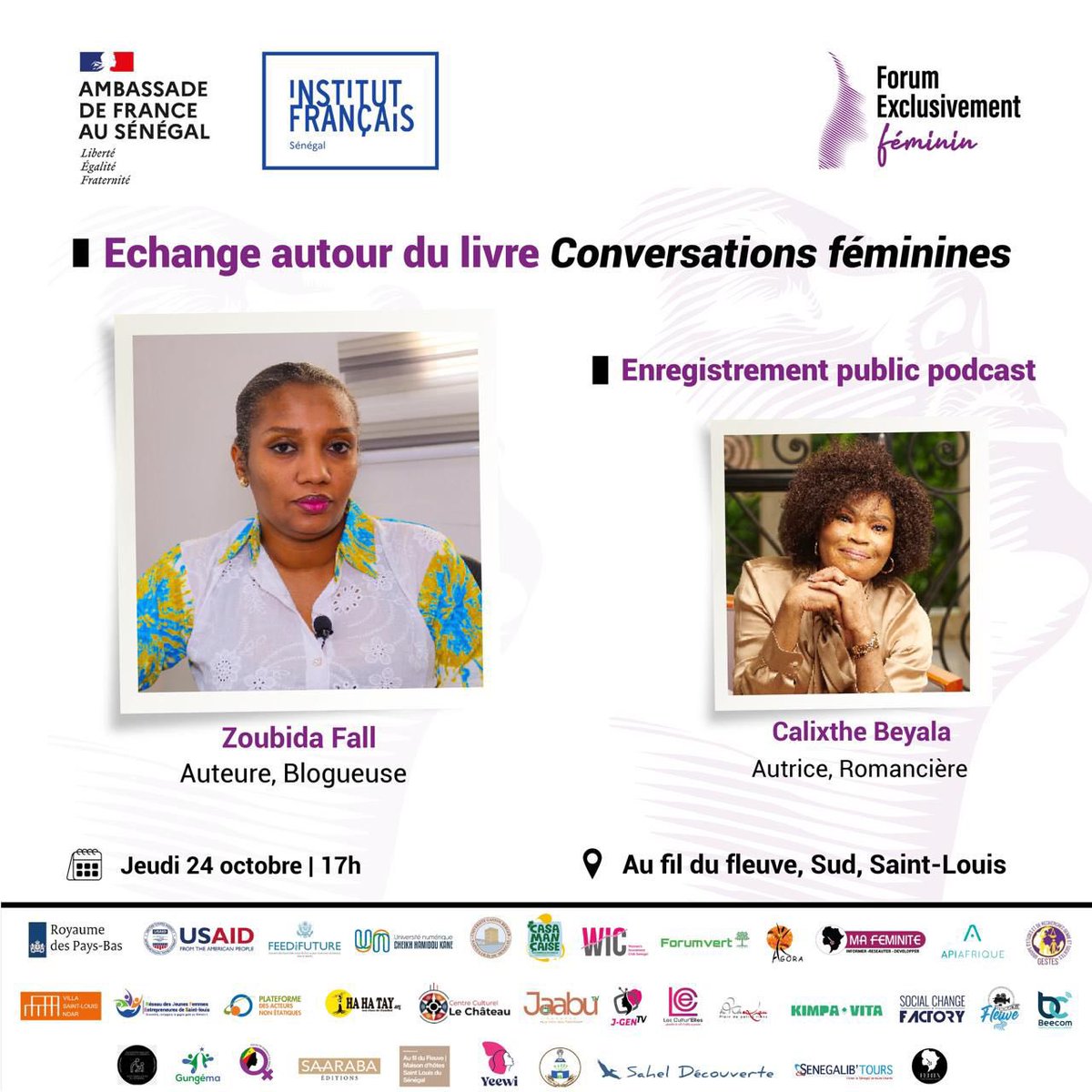 Le premier enregistrement public de Conversations Féminines aura lieu ce 24 octobre à Saint-Louis lors du #FEF2024. J’aurai l’immense plaisir de recevoir Calixthe Beyala. Si vous êtes à Saint-Louis, je serai heureuse de vous voir