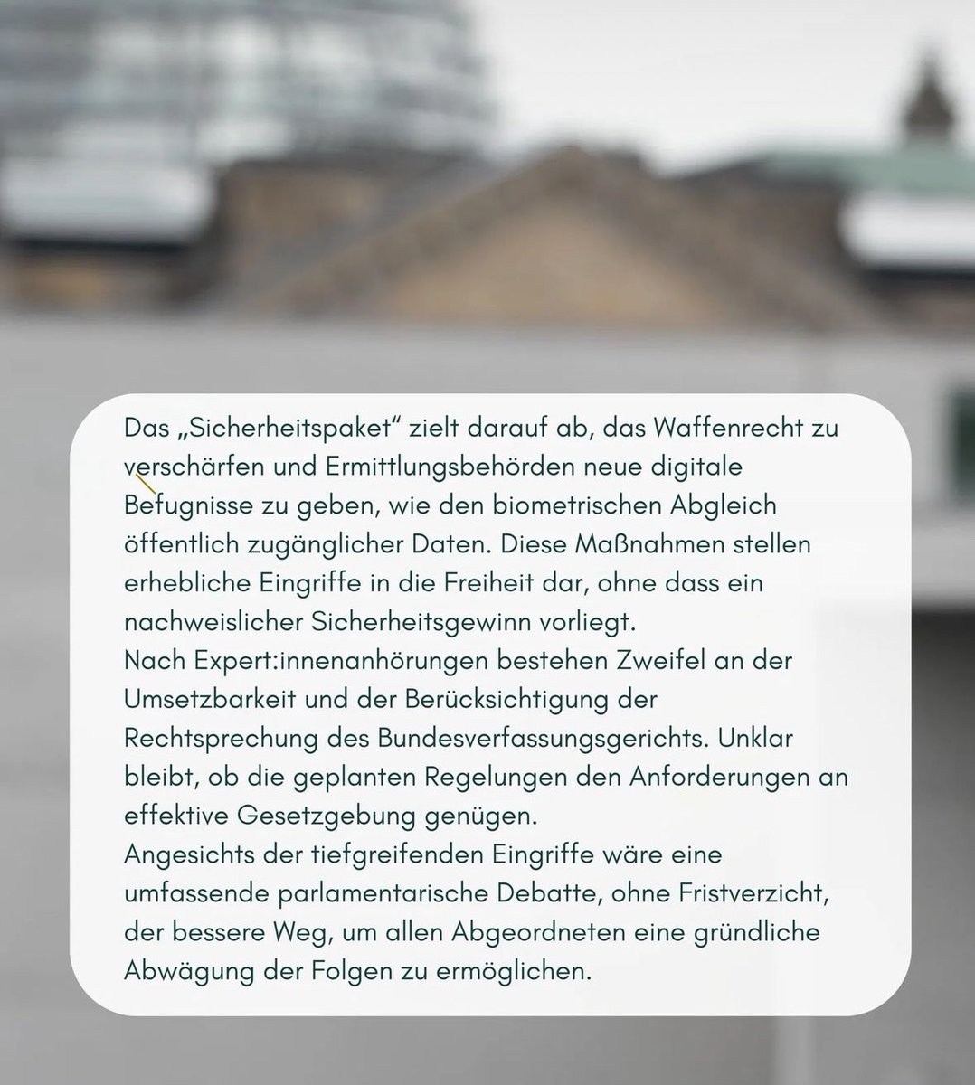 Meine Voten zum „Sicherheitspaket“: 

In Gesamtabwägung komme ich zur Einschätzung, dass das „Sicherheitspaket" einige Regelungen enthält, … , die der eigentl. Intention … sogar entgegenstehen. … Vor dem Hintergrund … habe ich mich bei den Gesetzentwürfen … enthalten.
1/2 ⬇️