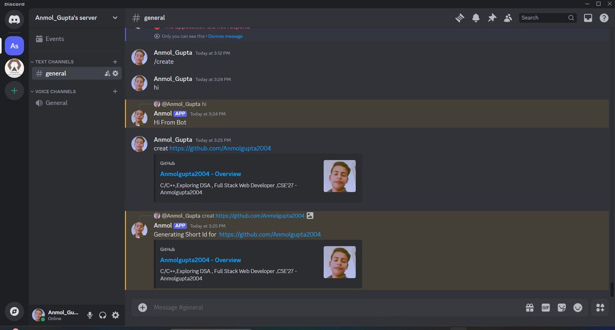 AnmolGupta90217's tweet photo. day 10 of #100dayoflearning
✅ create a simple Discord Bot in NodeJS
✅ using discord,js library
✅create a own's command in discord 's server https://t.co/K88ntYrRkV