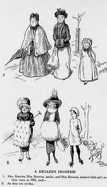 1911 cartoon illustrating changes in women's fashion since 1901.