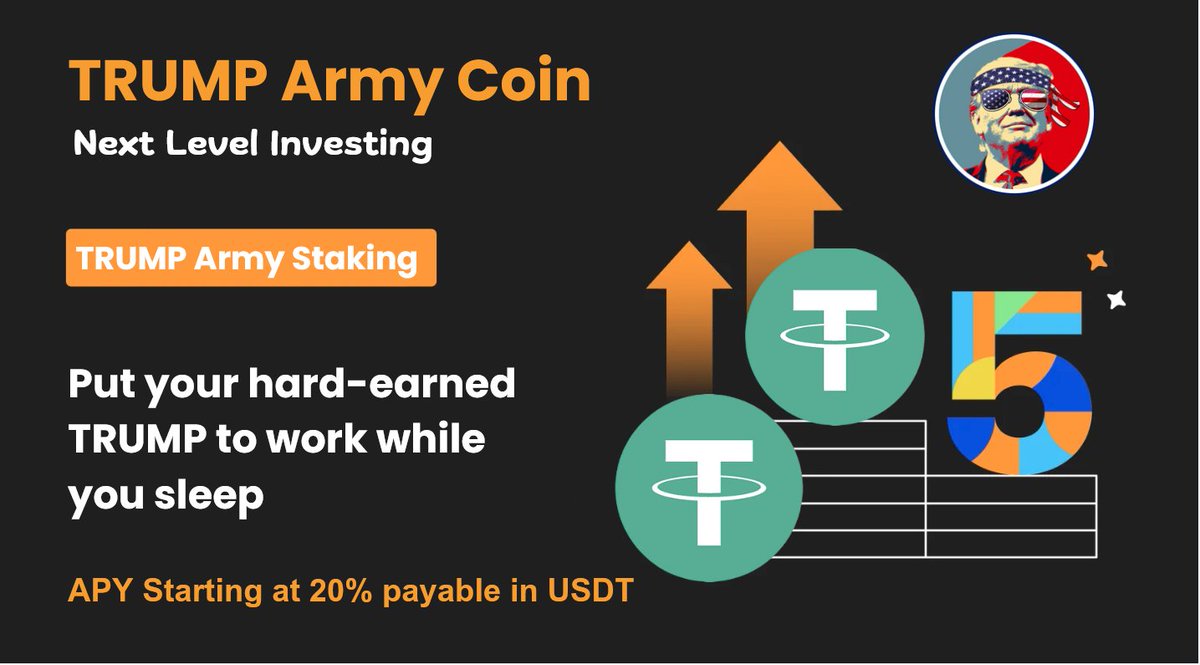 TrumpArmyCoin's tweet photo. TRUMP works hard, so you don't have to 😍

Stake your hard-earned $TRUMP to earn rewards with APY starting @ 20% payable in USDT 💰

Increase your investing skills to the next level with #TrumpArmyCoin

Join the most powerful TRUMP Army on the blockchain now: https://t.co/2d0vLpWQrH