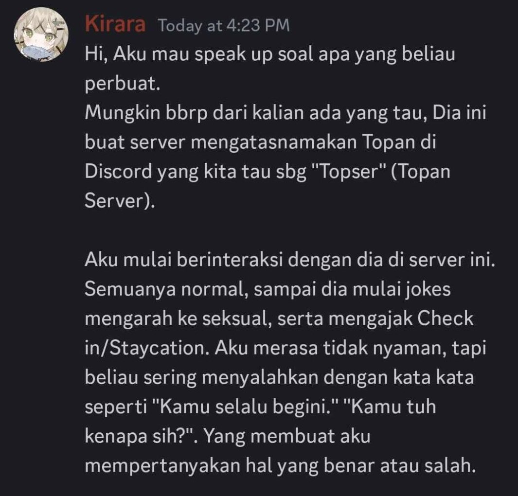 haisayahaisa's tweet image. Halo guys, Mohon maaf krn pendekatan aku buat kasus ini salah, menjadi bola liar, &amp;amp; ladang fitnah

Aku sudah dapet consent dari korban &amp;amp; diperbolehkan utk up ini ke twitter. Topan itu ada bbrp admin, yg selama ini kita kenal &amp;amp; suka bikin spes itu A.