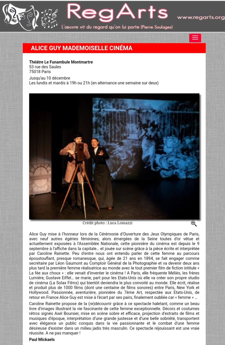 "Ce spectacle réjouissant est une vraie réussite. A ne pas manquer !"
Merci Paul Mickaels pour Regarts ! 🙂👇
regarts.org/Theatre/alice-…