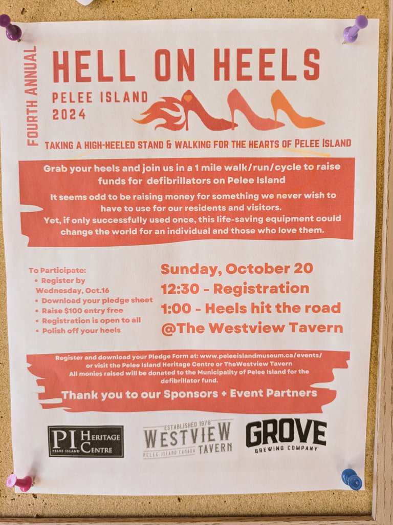 Tomorrow!

Meet us at the <a href="/Westviewtavern1/">Westview Tavern</a> at noon!

👠Registration fee is $100
👠Monies raised ho Township of Pelee to purchase AEDs to be publicly available
👠Heels hit the road at 1pm.

Should be a good day to do some good ☀️

#peleeisland #aed