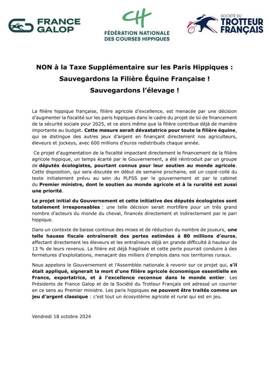 Association des Entraineurs de Galop (@aedg_fr) on Twitter photo 🚫 Cri d’alarme ‼️
C’est tout l’équilibre économique de nos écuries et de la filière qui est menacé et condamné.
L’unité et la réaction ne sont pas une option.
<a href="/ContactSedj/">SEDJ</a> <a href="/Fedeeleveurs/">Eleveurs du galop</a> <a href="/GHN_officiel/">Gr.HippiqueNational</a> 🚫 Cri d’alarme ‼️
C’est tout l’équilibre économique de nos écuries et de la filière qui est menacé et condamné.
L’unité et la réaction ne sont pas une option.
<a href="/ContactSedj/">SEDJ</a> <a href="/Fedeeleveurs/">Eleveurs du galop</a> <a href="/GHN_officiel/">Gr.HippiqueNational</a>