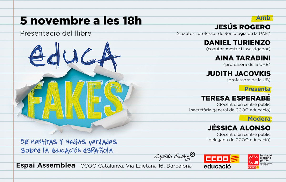 🥳Muy contentos por poder anunciar que #Educafakes se va a Barcelona de la mano de <a href="/CCOOeducacio/">CCOO Educació</a> y <a href="/FundCipriGarcia/">Fund.Cipriano García</a> 🥳

Además, lo hacemos rodeados de amigas a las que  admiramos en lo profesional y apreciamos en lo personal. 

ccoo.cat/educacio/notic…